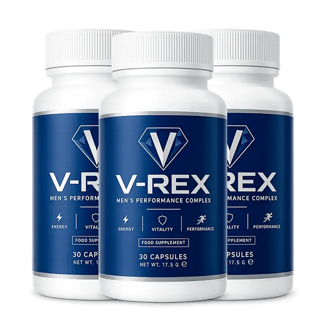 Three bottles of V-REX Men's Performance Complex capsules, 30 capsules each
